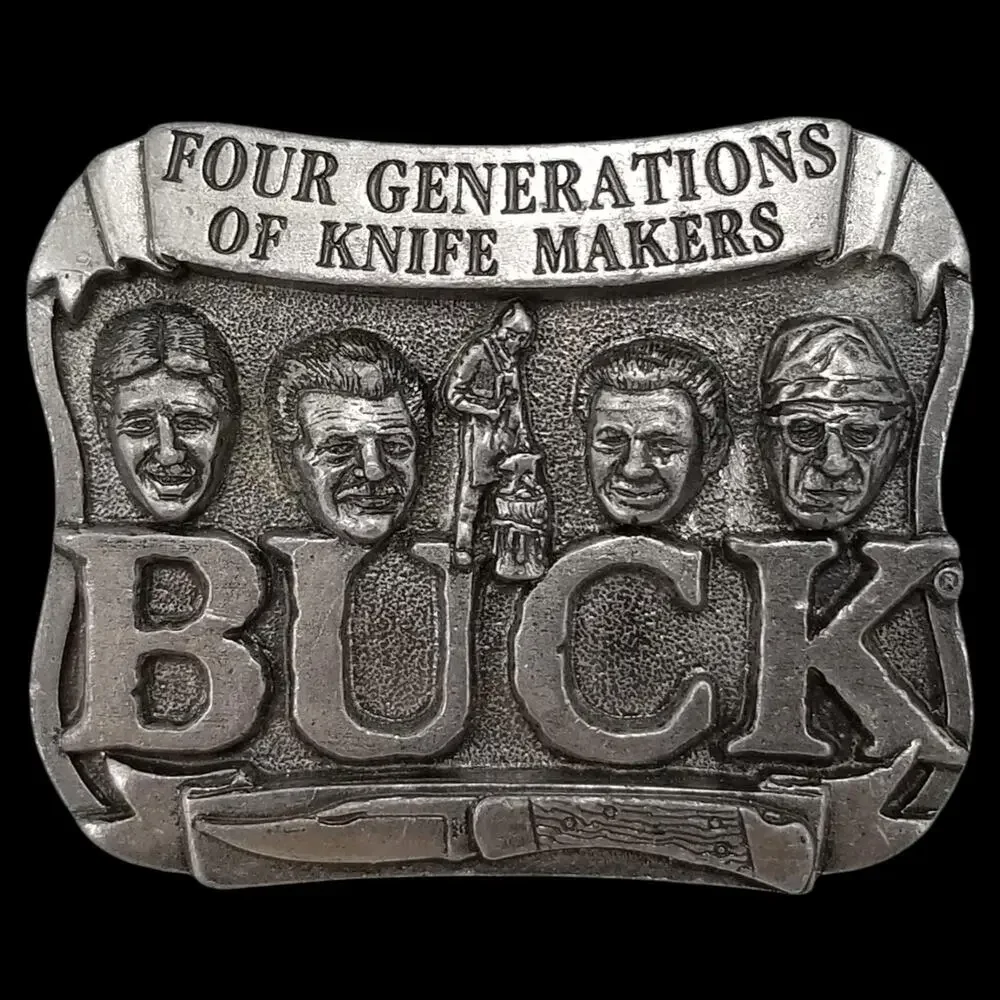 Buck Four Generations Knife Makers Silver Tone Pewter Vintage Belt Buckle‎